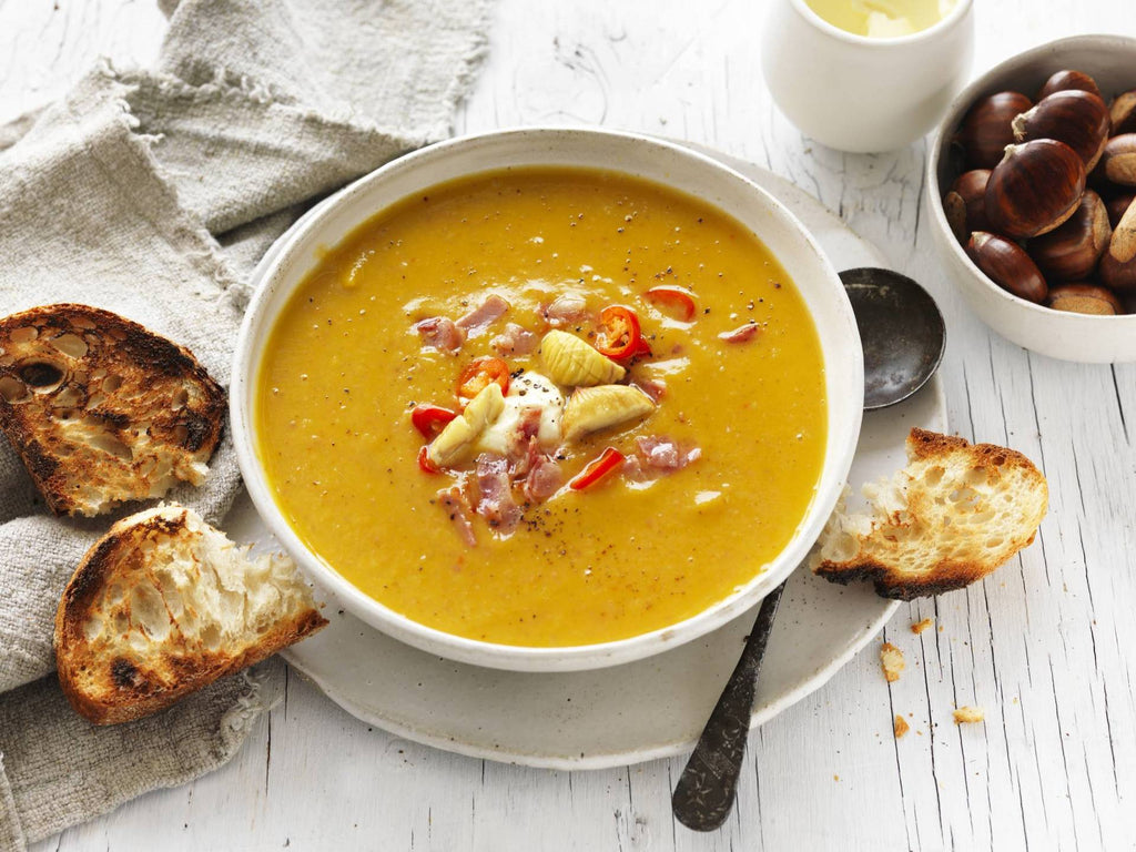 Spicy chestnut, pumpkin & pancetta soup